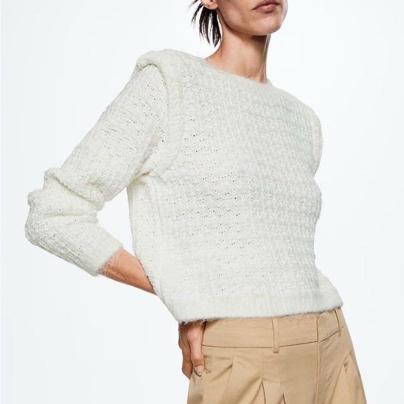 Mango Sweaters - Mango Knitted Sweater with Shoulder Pads, Ivory, Size Small, Cropped